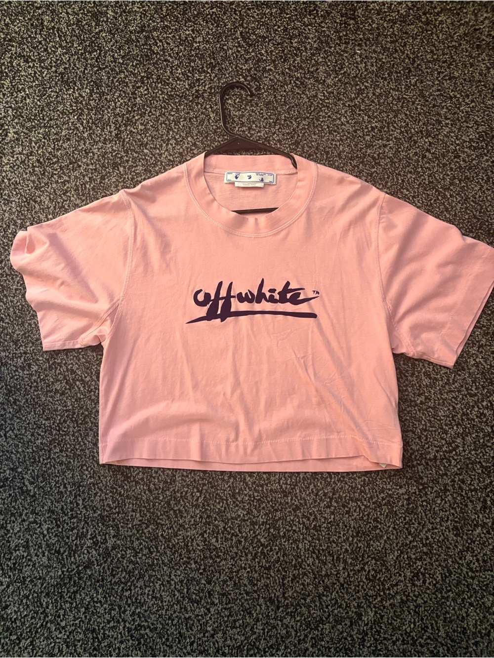 Off-White Pink Tee with Navy Script Logo
